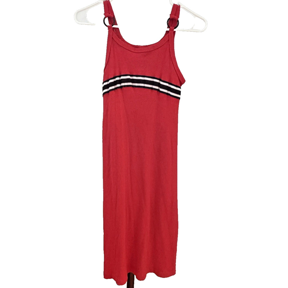 Vintage Y2K Girls M 7/8 Made in the USA Sporty Striped Ribbed Red Dress